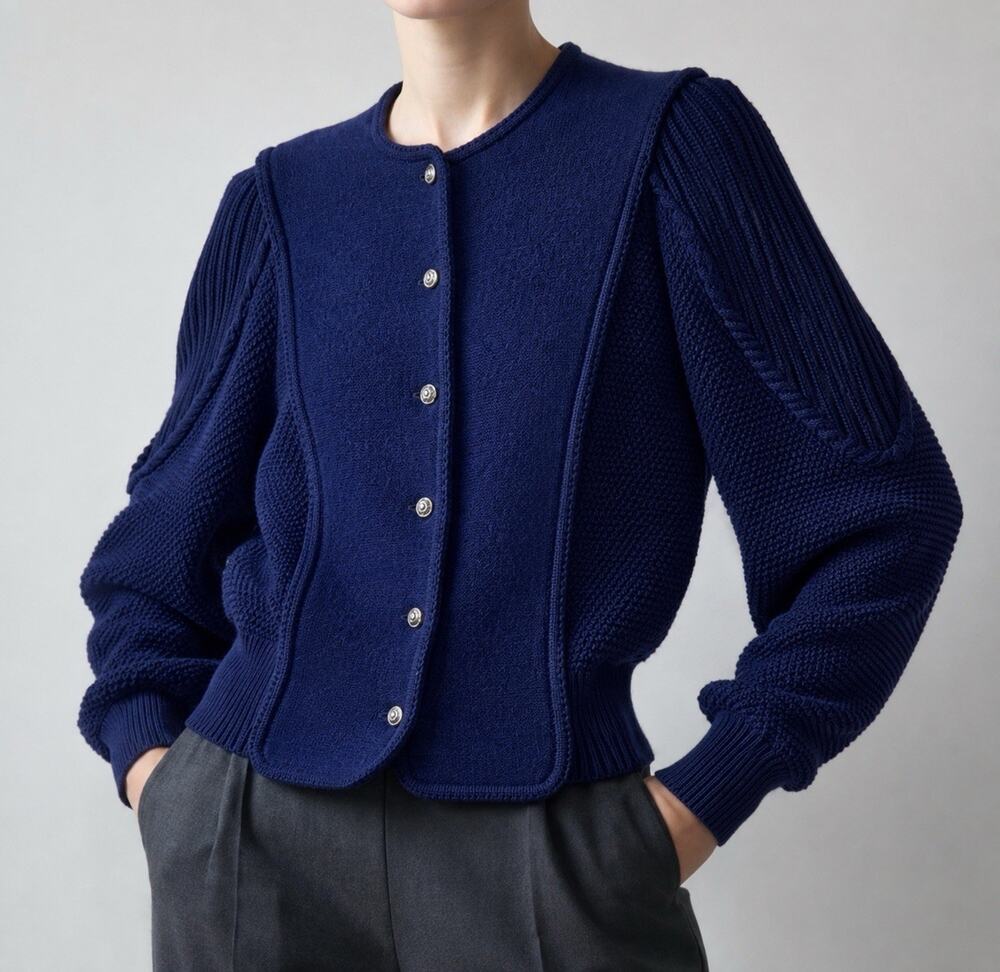 Vintage Deans of Scotland 100% Wool Navy Puff Sleeve Cardigan Sweater Women’s L